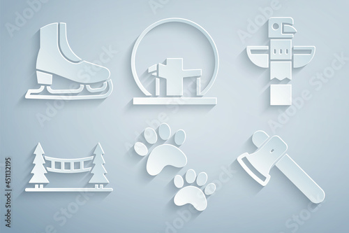 Set Paw print, Canadian totem pole, Capilano Suspension Bridge, Wooden axe, Montreal Biosphere and Skates icon. Vector