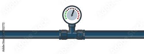 Pressure gauge for measurement. Water fittings. Pipeline for various purposes. Illustration isolated on background vector