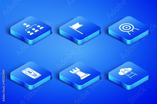 Set Stair with finish flag, Hierarchy organogram chart, Chess, Light bulb dollar on mobile, Location marker and Target icon. Vector