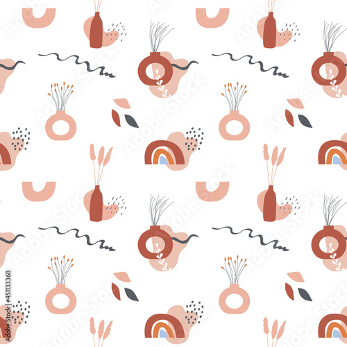 Boho art aesthetic seamless pattern with autumn arrangements of pottery and ceramic vases with dry plants and flowers. Repeatable background with rainbow and abstract shapes. Flat vector illustration.