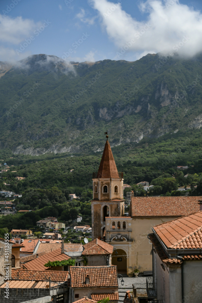 The tower bell of cathedral of Maratea, a medieval town in the Basilicata region, Italy.	