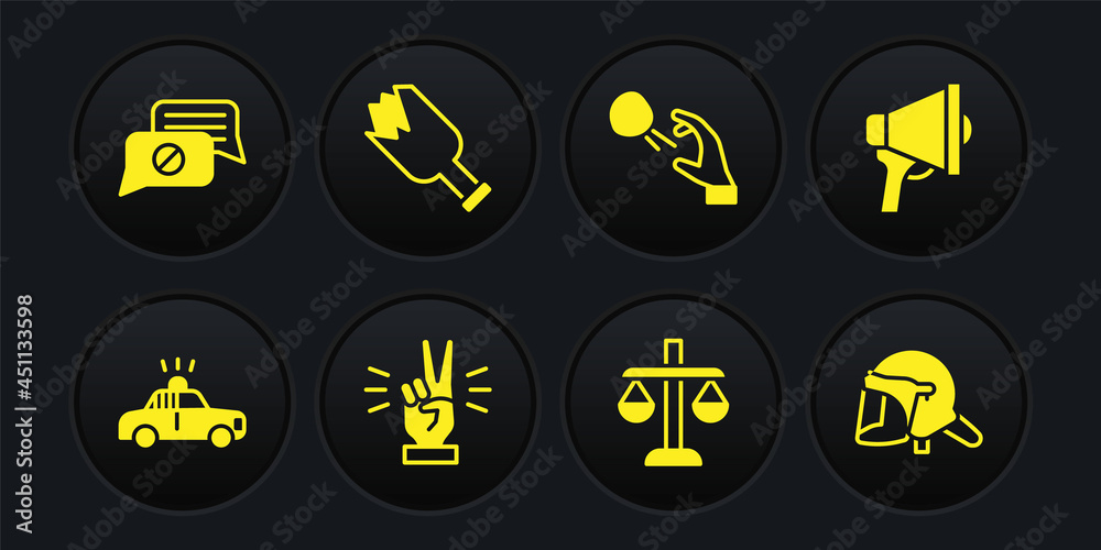 Set Police car and flasher, Megaphone, Hand showing two finger, Scales of justice, Hooligan shooting stones, Broken bottle weapon, helmet and Speech bubble chat icon. Vector Set Police car and flasher, Megaphone, Hand showing two finger, Scales of justice, Hooligan shooting stones, Broken bottle weapon, helmet and Speech bubble chat icon. Vector