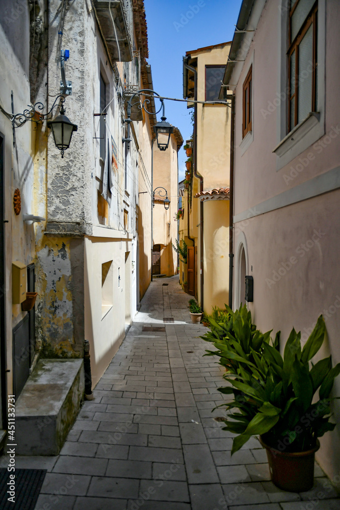 A street in the historic center of Maratea, a medieval town in the Basilicata region, Italy.