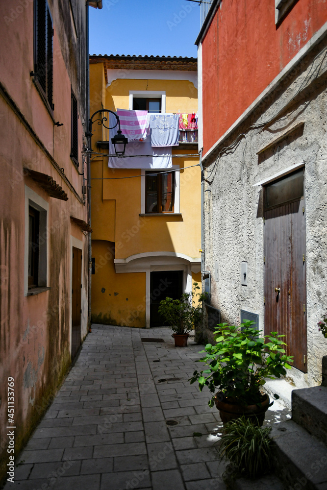 A street in the historic center of Maratea, a medieval town in the Basilicata region, Italy.