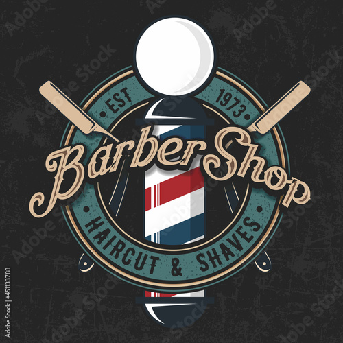 Barbershop logo, poster or banner design concept with barber pole. Vector illustration