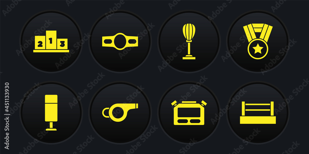 Set Punching bag, Medal, Whistle, Stopwatch, Boxing belt, ring and Award over sports winner podium icon. Vector Set Punching bag, Medal, Whistle, Stopwatch, Boxing belt, ring and Award over sports winner podium icon. Vector