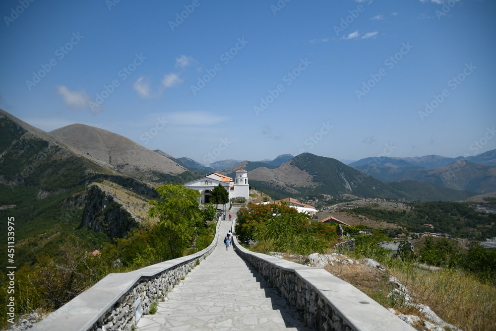 A church in landscape of Maratea, a medieval town in the Basilicata region, Italy.	