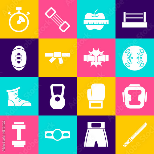 Set Japanese katana, Boxing helmet, Baseball ball, Apple and measuring tape, Black karate belt, American Football, Stopwatch and Punch boxing gloves icon. Vector