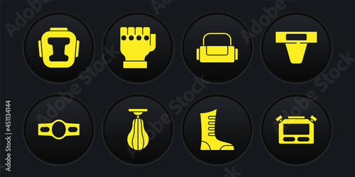 Set Boxing belt, Groin guard, Punching bag, Sport boxing shoes, MMA glove, Stopwatch and helmet icon. Vector