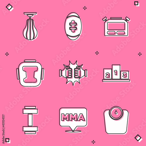 Set Punching bag, American Football ball, Stopwatch, Boxing helmet, boxing gloves, Award over sports winner podium, Dumbbell and Fight club MMA icon. Vector