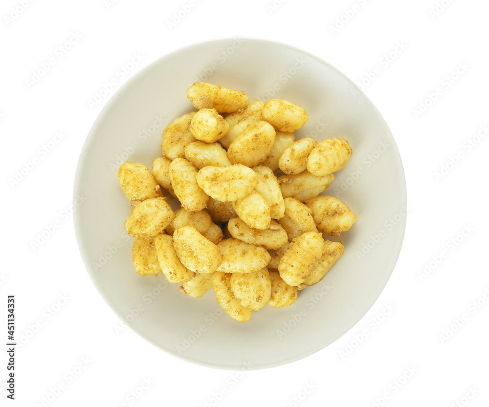 Plate with tasty pesto gnocchi on white background Plate with tasty pesto gnocchi on white background