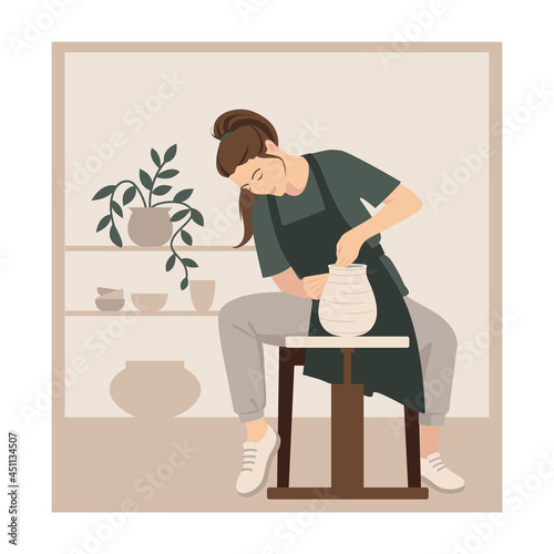 Potter girl. A woman sculpts a clay vase behind a potter's wheel. Vector illustration of a sculptor. The artist creates a ceramic. DIY craft.