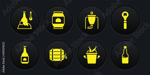 Set Beer bottle, Bottle opener, Wooden barrel on rack, bottles in ice bucket, brewing process, can, Plastic beer and Cold icon. Vector
