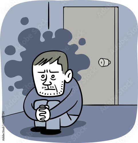 暗い気持ちで部屋に閉じこもる中年男性
