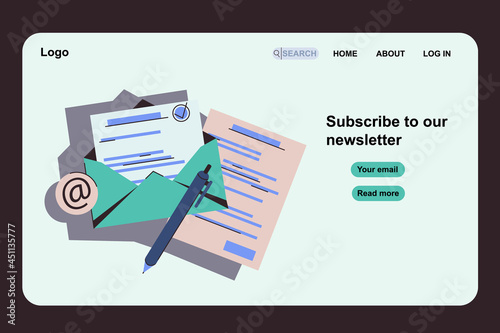 Subscribe email newsletter vector banner. Email marketing, internet advertising concepts. business correspondence,letters, instant messengers, online communication. Subscribe newsletter concept