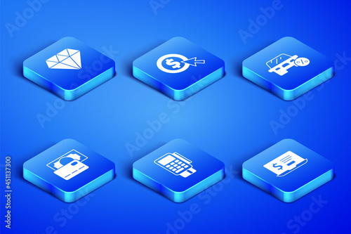 Set Laptop with dollar, Diamond, POS terminal credit card, Credit, Coin money and Car leasing percent icon. Vector