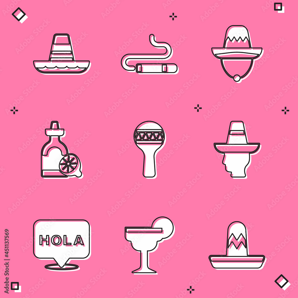 Set Mexican sombrero, Cigar, Tequila bottle with lemon, Maracas, man, Hola and Margarita cocktail icon. Vector