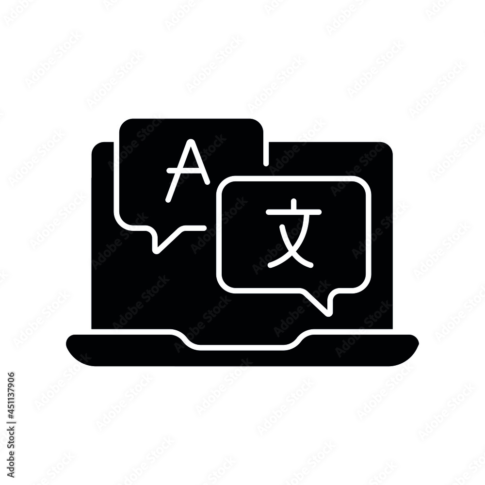 Online translator glyph icon. Linguistics. Vector fill black illustration. Online translator glyph icon. Linguistics. Vector fill black illustration.