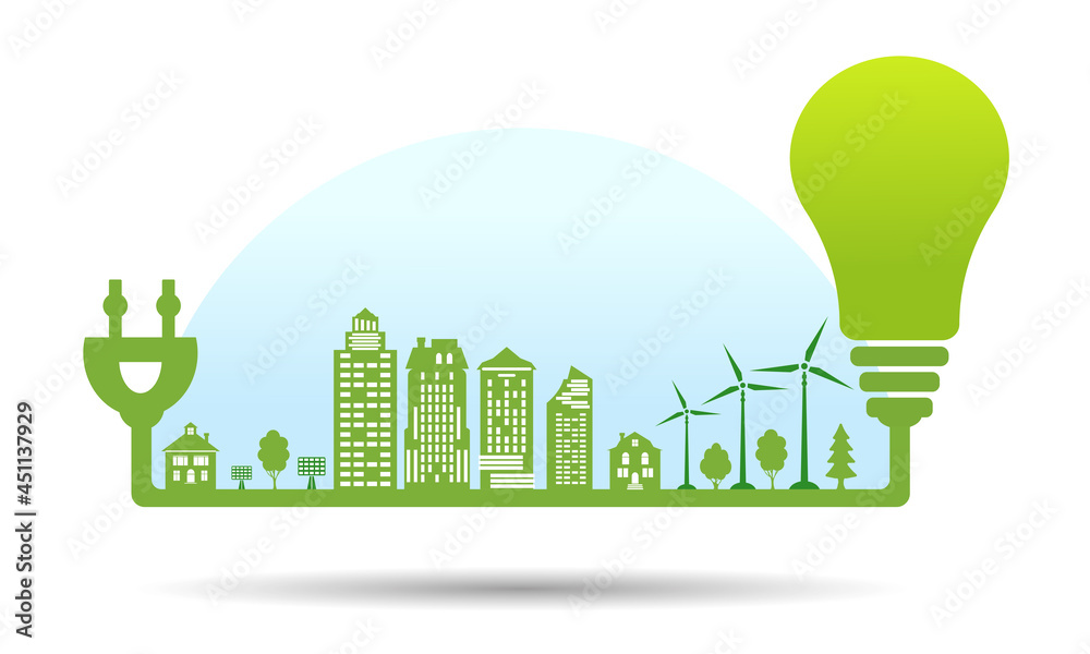 Obraz premium Silhouette green city with renewable energy sources. Ecological city under the dome of blue sky. Concept of electric bulb for save energy.