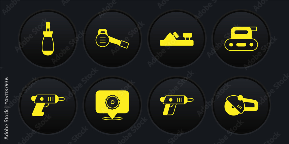 Set Electric cordless screwdriver, planer tool, Circular saw blade, Wood, Leaf garden blower, Angle grinder and Screwdriver icon. Vector Set Electric cordless screwdriver, planer tool, Circular saw blade, Wood, Leaf garden blower, Angle grinder and Screwdriver icon. Vector