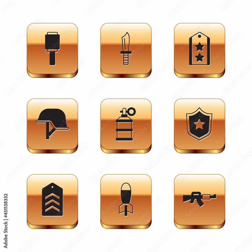 Set Anti-tank hand grenade, Chevron, Rocket launcher, Hand smoke, Military helmet, rank, M16A1 rifle and knife icon. Vector Set Anti-tank hand grenade, Chevron, Rocket launcher, Hand smoke, Military helmet, rank, M16A1 rifle and knife icon. Vector