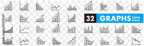 Graph icon of business growing bar and charts set.  Statistics and analytics vector icon. charts diagrams, money, down or up arrow. Vector