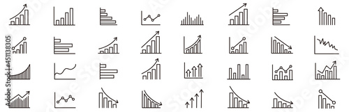 Graph icon of business growing bar and charts set.  Statistics and analytics vector icon. charts diagrams, money, down or up arrow. Vector