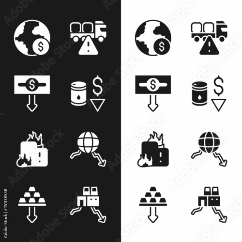 Set Drop in crude oil price, Dollar rate decrease, Global economic crisis, Stop delivery cargo truck, Fire burning house, Shutdown of factory and Gold bars icon. Vector
