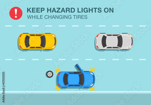 Traffic or road rule. Blue broken down sedan car on city highway. Keep hazard lights on while changing tires warning design. Flat vector illustration template.