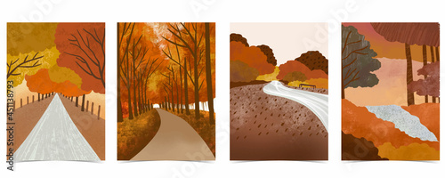 autumn forest background with tree,leaves,sky,road