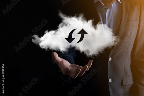 Cloud technology. Polygonal wireframe cloud storage sign with two arrows up and down on dark . Cloud computing, big data center, future infrastructure, digital ai concept. Virtual hosting symbol