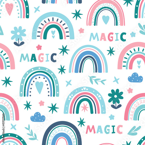 Cute rainbow seamless pattern in blue. Childish background with rainbow and lettering made in vector.