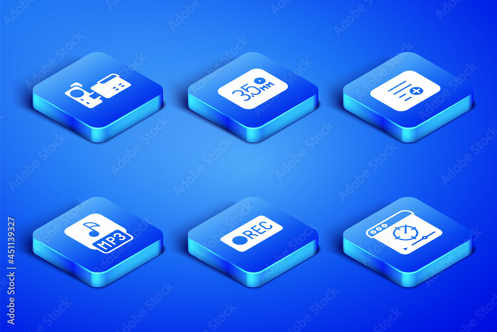 Set Online play video, Cinema camera, Record button, MP3 file, Audio jack and Add playlist icon. Vector Set Online play video, Cinema camera, Record button, MP3 file, Audio jack and Add playlist icon. Vector