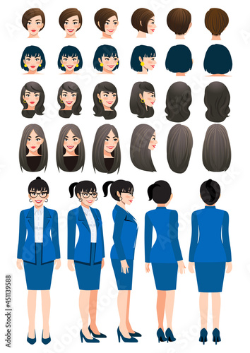 Business woman cartoon character in bright navy blue color suit and different hairstyle for animation design vector collection