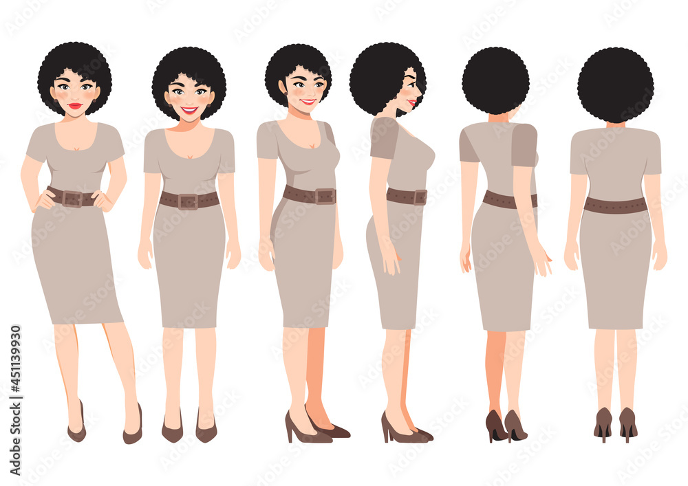 Cartoon character with business woman in khaki color dress for animation. Front, side, back, 3-4 view character. Flat vector illustration Cartoon character with business woman in khaki color dress for animation. Front, side, back, 3-4 view character. Flat vector illustration