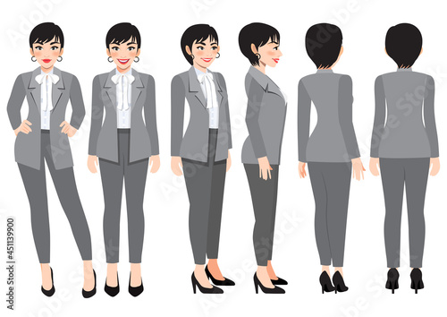 Cartoon character with business woman in grey smart suit for animation. Front, side, back, 3-4 view character. Flat vector illustration