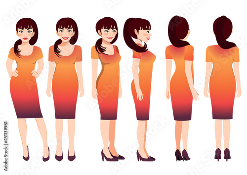 Cartoon character with business woman in sunset gradient color dress for animation. Front, side, back, 3-4 view character. Flat vector illustration