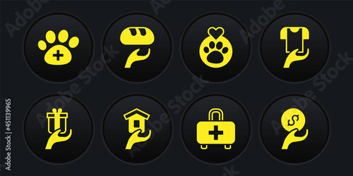 Set Give gift, Clothes donation, Shelter for homeless, First aid kit, Heart with animals footprint, Donation food, and charity and Veterinary clinic icon. Vector