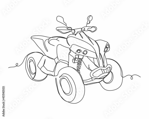 Continuous one line drawing of quad bike in silhouette on a white background. Linear stylized.Minimalist.