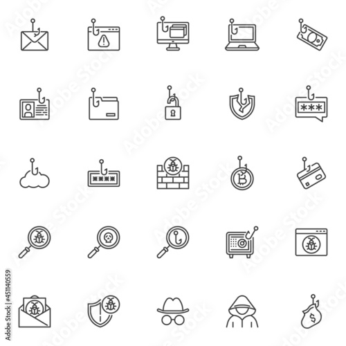 Phishing scams line icons set