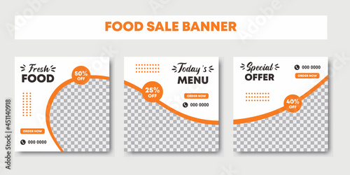 Food social media post for marketing, restaurant promotion post, fresh food sale banner. Special menu restaurant discount abstract puzzle square template with orange and white color background.