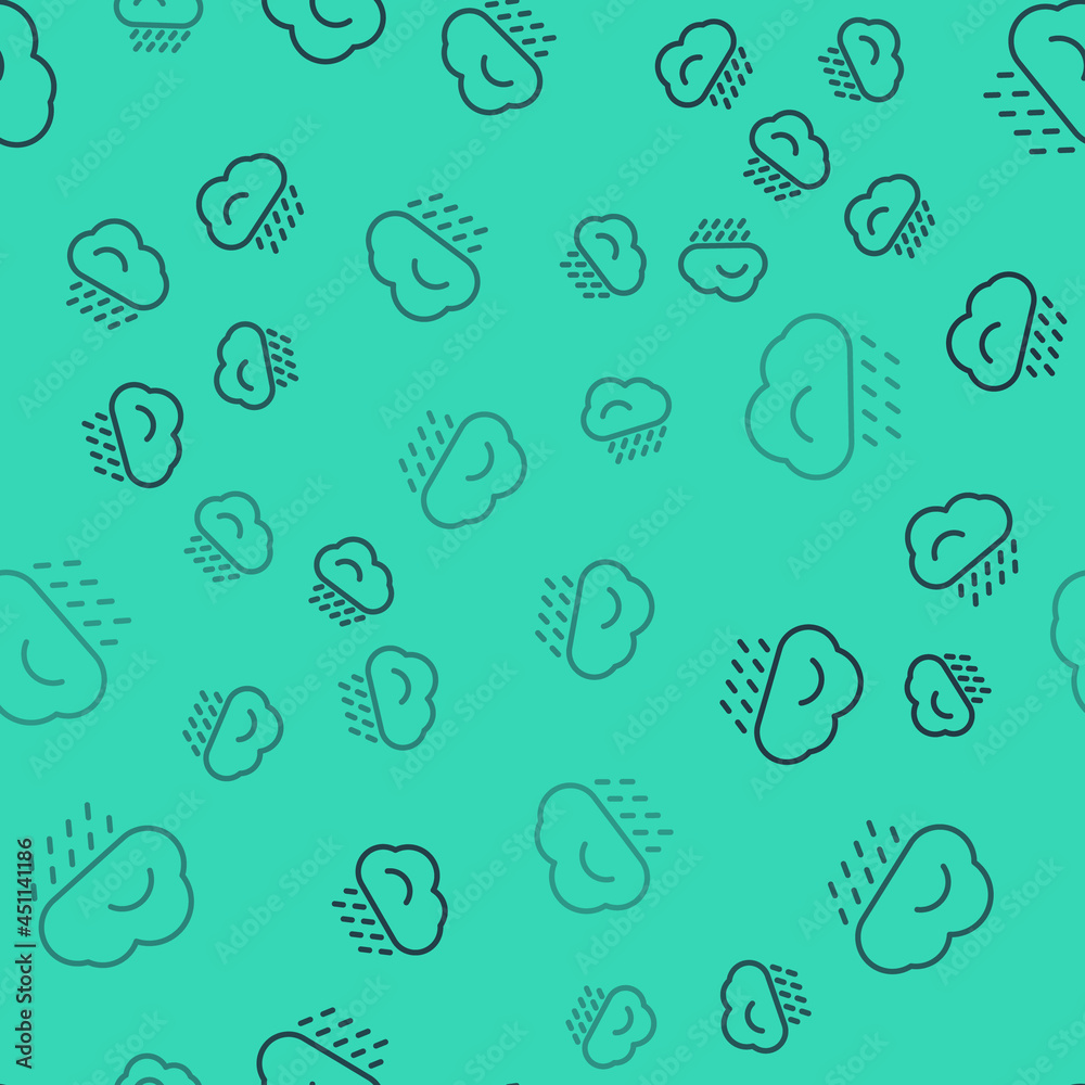 Black line Cloud with rain icon isolated seamless pattern on green background. Rain cloud precipitation with rain drops. Vector Illustration