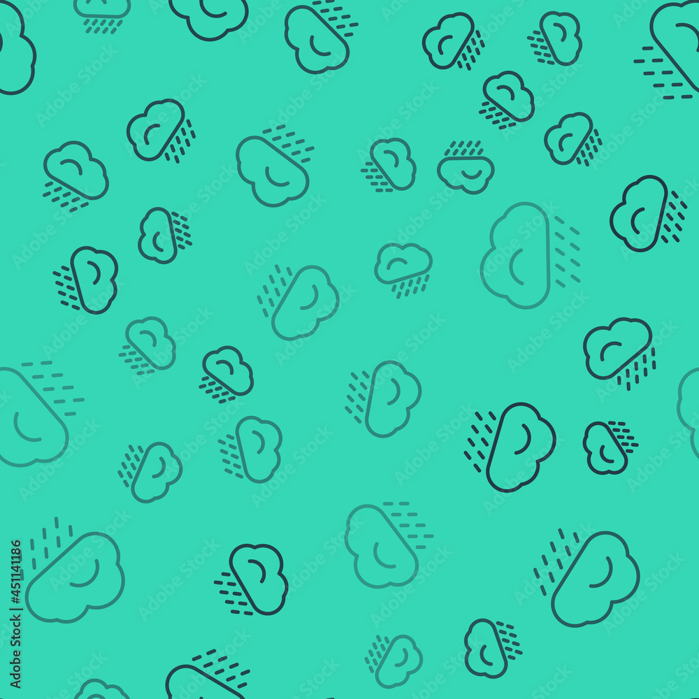 Black line Cloud with rain icon isolated seamless pattern on green background. Rain cloud precipitation with rain drops. Vector Illustration Black line Cloud with rain icon isolated seamless pattern on green background. Rain cloud precipitation with rain drops. Vector Illustration