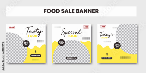 Social media post for food promotion offer poster. Healthy food social media post template design. Yellow and white background color for food business and food promotional banner. Vector illustration