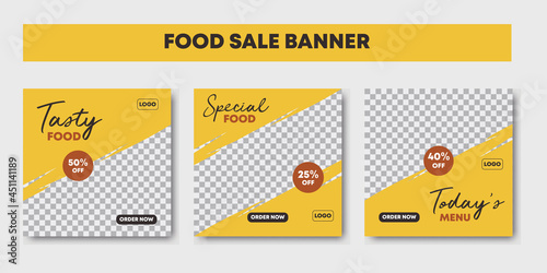 Set of social media post template for food menu promotion banner frame with yellow background color. Suitable for social media post restaurant and culinary digital marketing. Vector illustration