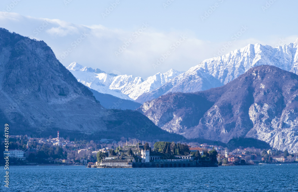 winter panorama on the Borromean islands. Stresa, Lake Maggiore, Italy