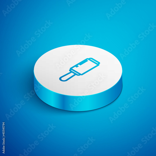 Isometric line Adhesive roller for cleaning clothes icon isolated on blue background. Getting rid of debris, dust, hair, fluff, pet wool. White circle button. Vector Illustration