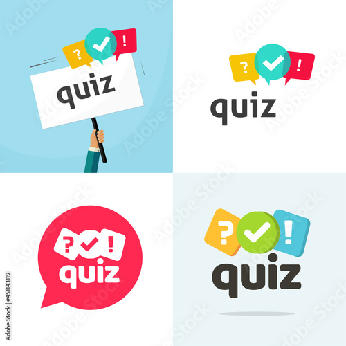 Test quiz logo icon vector flat cartoon illustration, competition interview time or interrogation game logotype set, poll or questionnaire modern creative sign