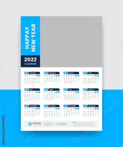 1 Page Wall Calendar 2022 Company Wall Calendar 2022 Vector Template