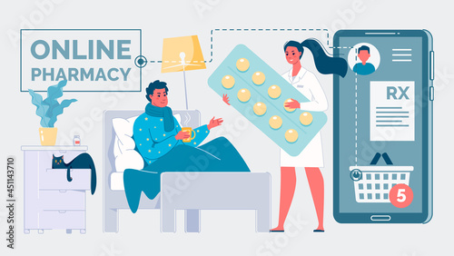 Shopping cart and prescription drug on the phone screen. Home delivery of medicine. The pharmacist hands the pills to the patient. Online pharmacy concept. Colored vector illustration in flat cartoon 